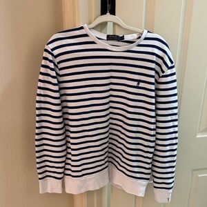 Polo by Ralph Lauren Men's White and Blue Striped Crewneck Sweater